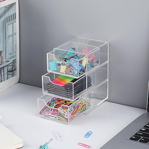 Hipiwe Acrylic Drawer Organizer Qtip Holder for Cotton Pad Cotton Swabs Makeup Storage Drawer with 3 Drawers Clear Desk Dr...