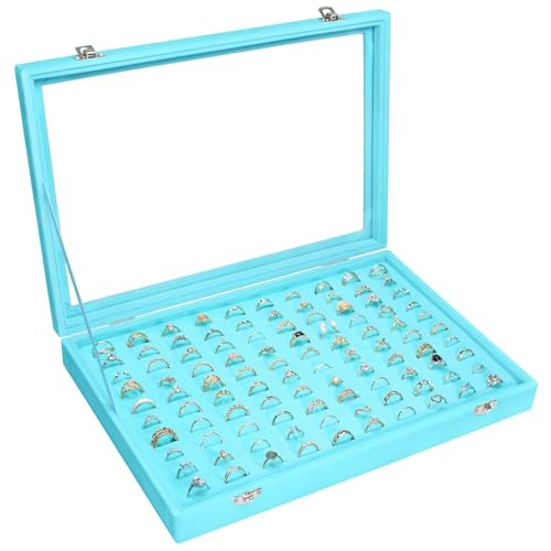 Siveit Velvet Ring Display Tray Organizer Box with Transparent Lid, 100 Slot Ring Holder Showcase For Store Display Jewelr...