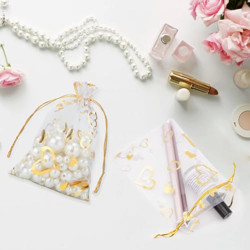G2PLUS Valentines Gift Bags Organza 4x6in - 50Pcs Heart Organza Bags, Drawstring Sheer Mesh Jewelry Pouches Candy Bag for ...