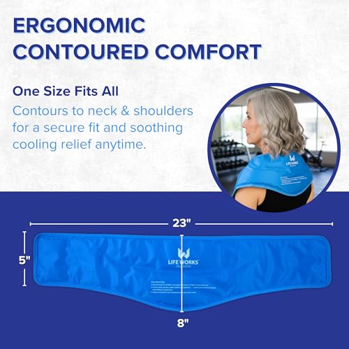LIFE WORKS Gel Neck Ice Pack Wrap, Flexible Reusable Hot & Cold Pack, Soft Plush & Nylon Cover, Therapy Wrap for Neck, Sho...