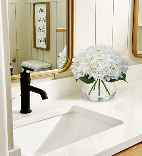 Hollyone Hydrangea Artificial Flowers with Vase White Silk Fake Flowers Arrangements in Glass Vase with Faux Water for Hom...