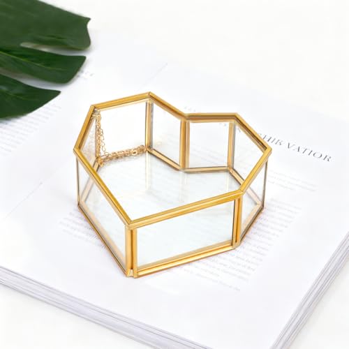 Himitimi Vintage Glass Jewelry Box Heart-Shaped Gold Keepsake Box with Hinged Lid Trinket Ring Earring Jewelry Organizer V...
