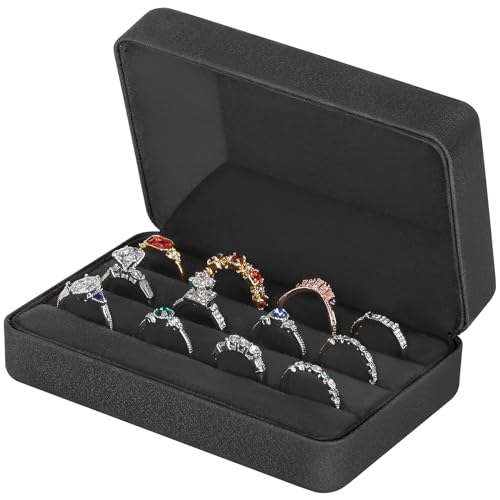KUKUVR Velet Ring Storage Box, Travel Jewelry Case with 3 Slot Ring Display Organizer (Black)