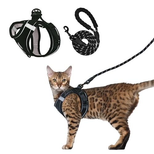 Hepper Cat Harness and Leash Escape Proof Set - Black Tactical Cat Harness with Reflective Safety Strips - Kitten or Cat V...