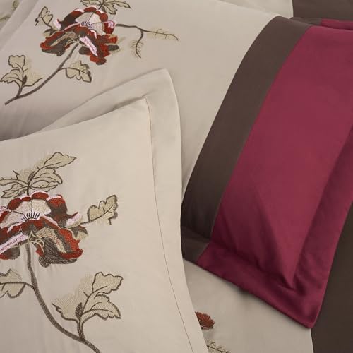 Chezmoi Collection Vienna 7-Piece Embroidered Floral Comforter Set (King, Burgundy Taupe Brown)
