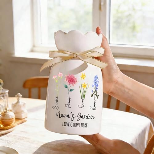 NAZENTI Personalized Birth Month Flower Vase - Grandma's Garden Decor, Mom Grandma Mother's Day Floral Vases with Kids Nam...
