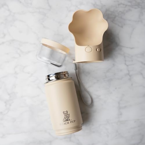 Dog Portable Water Bottle Stainless Steel 10 oz with Food Container - Pet Water Bottle - Cream Portable Dog Water Dispense...