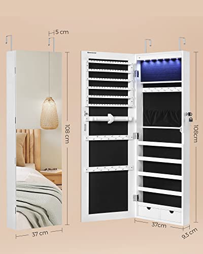 SONGMICS Hanging Jewelry Cabinet, Wall-Mounted Cabinet with LED Interior Lights, Door-Mounted Jewelry Organizer, Full-Leng...