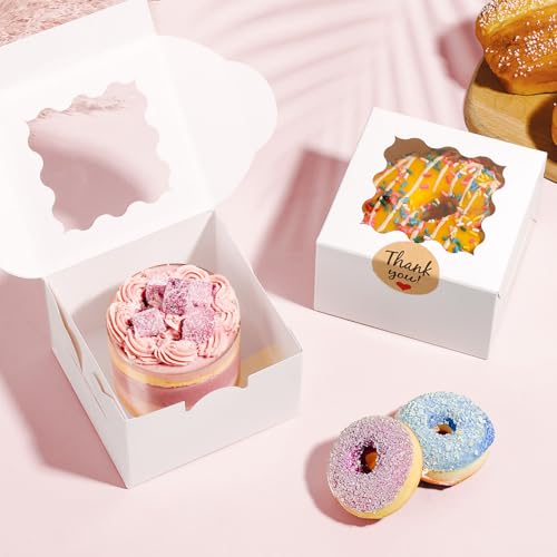 ZYFOTZUN 26pcs White Cookie Boxes with Window, 4x4x2.5 Inches Small Bakery Boxes with 36pcs Stickers, for Mini Cake Cookie...