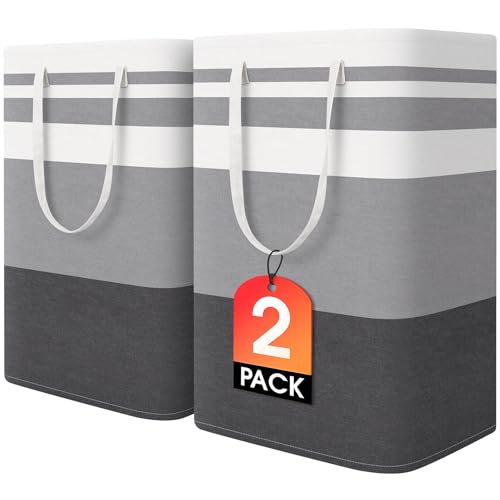 HomeHacks 2 Pack Large Laundry Baskets, Waterproof, Freestanding Laundry Hampers, Collapsible Clothes Hamper with Reinforc...