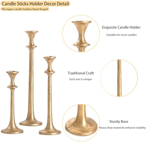 Wenbery Gold Taper Candle Holders Set of 3, Heavy Candlestick Holders Decorative Candle Stand for Table Centerpiece, Cast ...