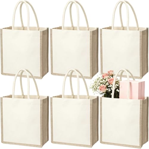 SOUJOY 6 Pack Burlap Tote Bags, Reusable Jute Gift Tote with Handles, Small Beach Bags, Canvas Grocery Shopping Tote for B...