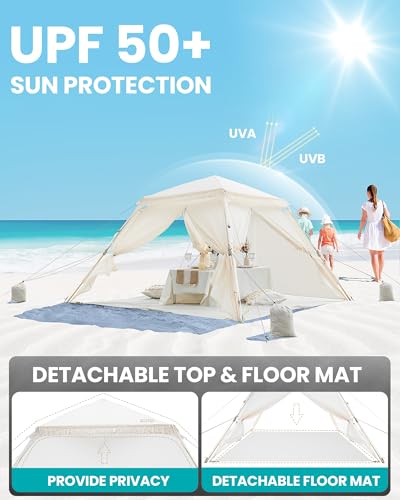OutdoorMaster Pop Up Beach Tent with Fringe for 4 Person, Easy Setup and Portable Beach Shade Sun Shelter Canopy with UPF ...