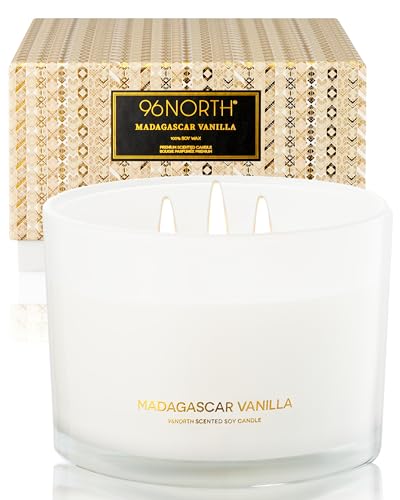 96NORTH Luxury Vanilla Soy Candles | Large 3 Wick Jar Candle | Up to 50 Hours Burning Time | 100% Natural Soy Wax | Relaxi...