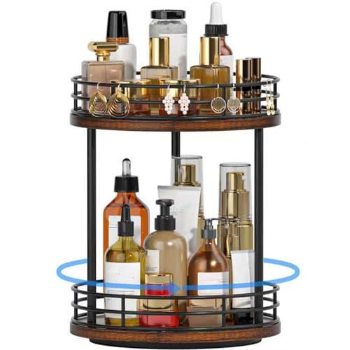 Bathroom Organizer Countertop,2 Tier Rotating Makeup Organizer Countertop for Vanity,Wooden Bathroom Counter Storage Shel...