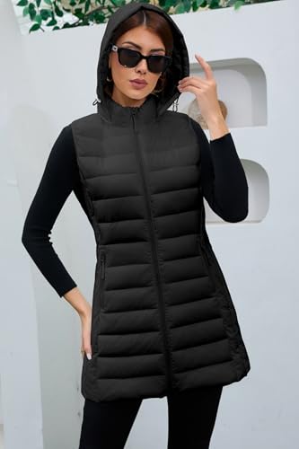 Long Puffer Vest for Women with Hood Lightweight Packable Sleeveless Vest for Spring, Fall & Winter
