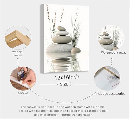KBIERQN Zen Stone Canvas Wall Art Stacked Stones in Water Poster Print Tranquil Wild Grass Painting Picture for Spa Yoga M...