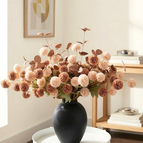 22pcs Artificial Beige & Brown Kiku Flowers with Eucalyptus Stems Bulk, Faux Silk Mum Pom Poms for Vase, Modern Farmhouse ...