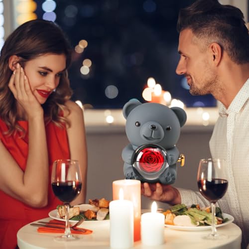 Cute Teddy Bear with Preserved Rose - A Real Rose Flower in Bear with Elegant Gift Box - Romantic Gift for Her in Mother's...