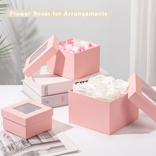 Oairse Square Gift Boxes with Lids for Presents Small Pink Gift Boxes with Clear Window Nesting Gift Boxes Set of 4 Flower...