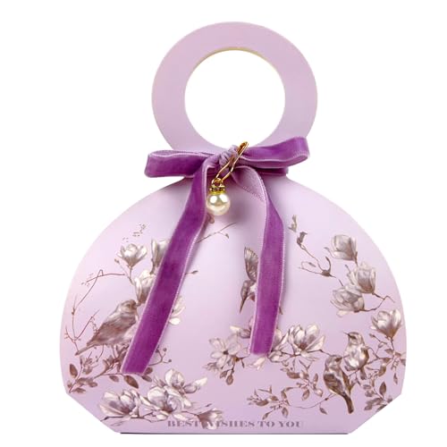 20 PCS Small Gift Boxes, Flower & Bird Party Favor Boxes Goodie Bags with Handle, Velvet Bow, Pearl Pendant for Wedding An...