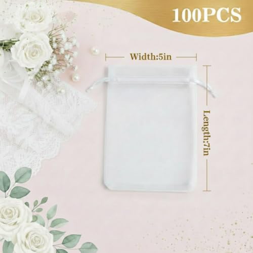Sukh 100pcs Organza Bags 5''x7'' - White Sheer Mesh Drawstring Bags for Jewelry, Soap, Fruits, Candy, Small Gift Bags for ...