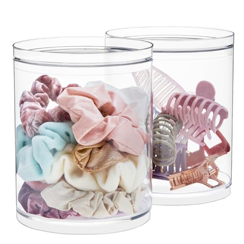 STORi Bella Tall Scrunchie Holder | Stackable Clear Plastic Container (Set of 2) Round Vanity Storage Organizers with Lids...