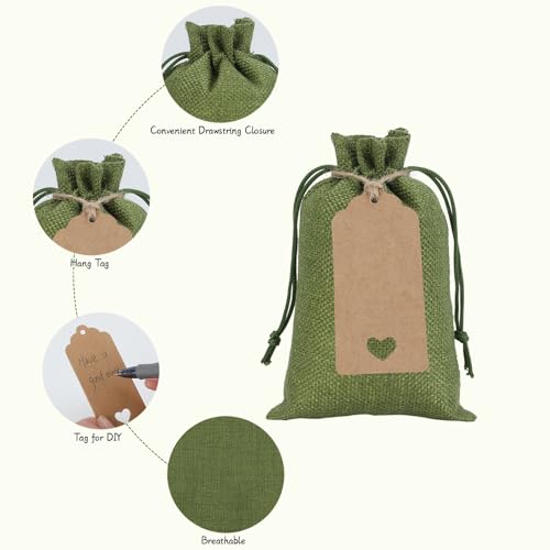 Tapleap Green Small Gift Bags with Drawstring - 30Pcs 4x6 Burlap Sacks for Wrapping Favors, Soap, Jewelry, Crosses Games, ...