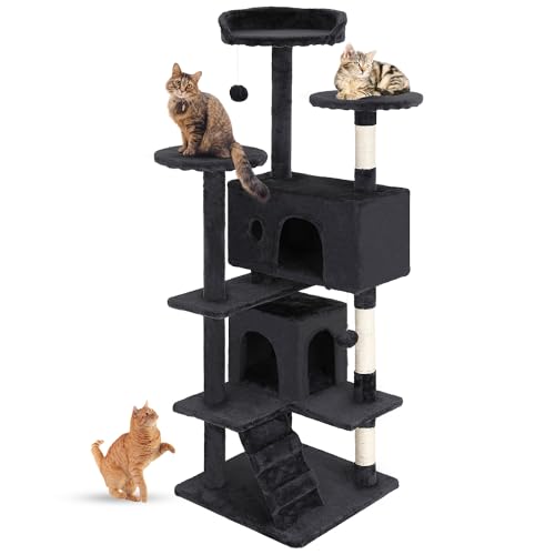 FDW | 54" Cat Tree Tower | Dark Gray | Multi-Level Indoor Activity Center with Sisal Scratching Posts, Condos, Plush Perch...