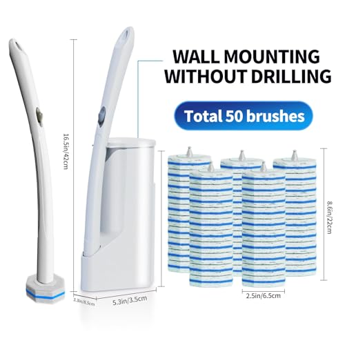 Disposable Toilet Brush Cleaning System with 50pcs Refills Pads Replacement Heads, Toilet Cleaning Stick, Wall Mounted Tol...