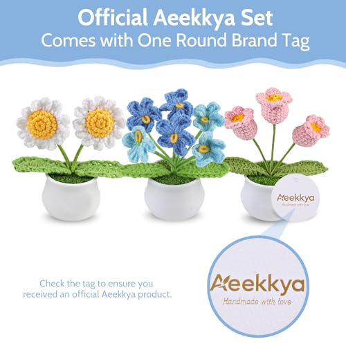 Aeekkya 3pcs Crochet Flowers Pot, Cute Handmade Crochet Flower Desk Decor with Sunflower, Lily of the Valley, Forget Me No...