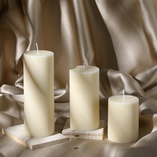 Conelist Ribbed Pillar Candles Set of 3, Width 3" High 4" 6" 8" Large Soy Wax Orchids Scented Pillar Candles Aesthetic Rib...