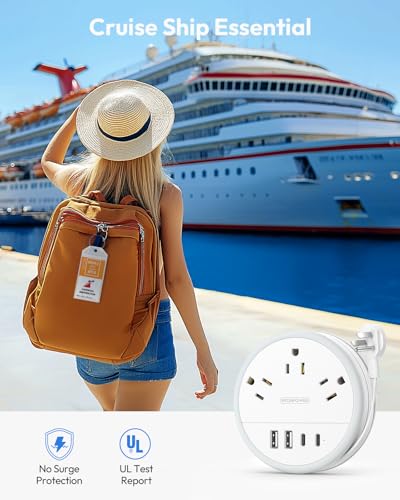 NTONPOWER Travel Power Strip, Travel Essentials, Cruise Essentials 3 Outlets 4 USB Ports(2 USB C), 4FT Wrapped Around Exte...