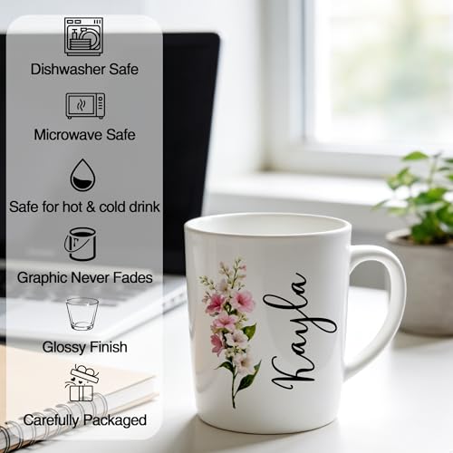 Custom Coffee Mug with Birth Flower & Name - 11oz Large Ceramic Personalized Coffee Cup for Women, Pretty Floral Tea Mugs ...