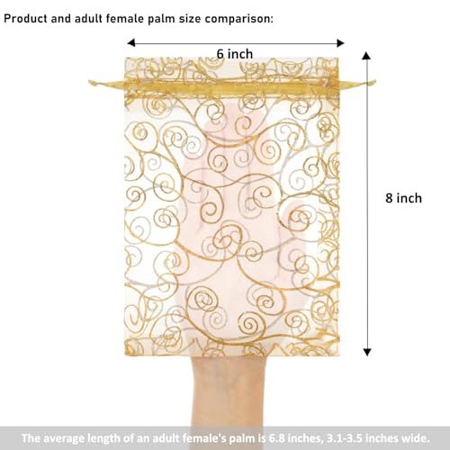 Staruby Organza Gift Bags 50 Pcs Gold Sheer Organza Bag 6x8 Inch Mesh Favor Bags Drawstring Jewelry Rattan Printed Gift Po...