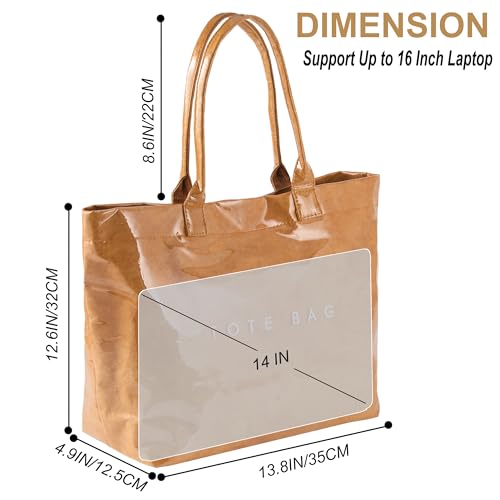 ALUWU Women's PVC Tote Bag Kraft Paper Work Handbag Wipeable Plastic Purse with Top Handle for Beach Travel