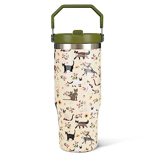 Exacmos 30oz Floral Cat Tumbler with Handle and Straw, Stainless Steel Vacuum Insulated Coffee Tumbler, Travel Mug Water B...