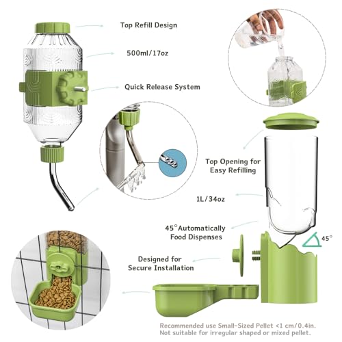 Automatic Pet Food Water Dispenser, Auto Gravity Pet Feeder Water Bottle Set for Cage, Feeding Station for Puppy Kitten Ra...