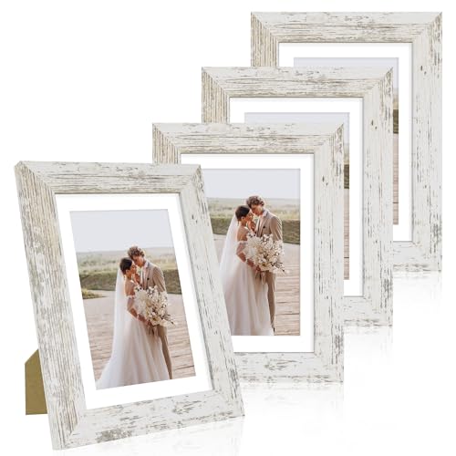 Hongkee 5x7 Picture Frame Set of 4, Made of Real Glass and Distressed White Wooden Frame, 5 by 7 Photo for Wall or Tableto...