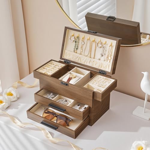 HOOBRO Wooden Jewelry Box for Women Girls, 4-Layer Jewelry Organizer with Vertical Necklace Storage, Large Jewelry Holder ...