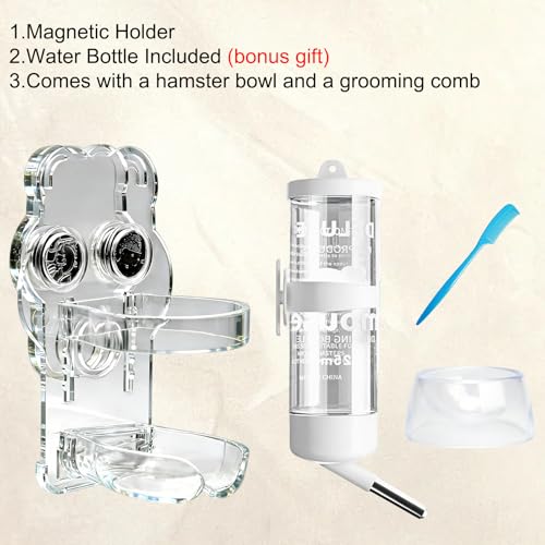 Magnetic Hamster Water Bottle Holder with 80ml Water Bottle & Feeding Bowl, Adjustable Height & Drop-Resistant, for Hamste...
