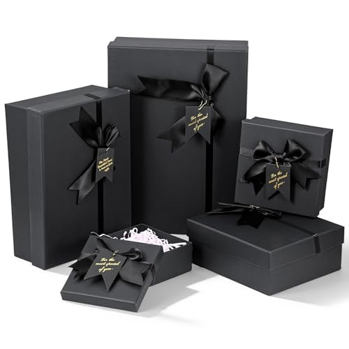 Afgaogw 5 Pack Black Nesting Gift Boxes with Lid, 5 Sizes Luxury Wrapping Boxes with Ribbon Bows & Label for Valentine's D...
