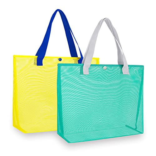 hsmyank 2Pack Large lightweight Simple Mesh Beach Tote Bag With snap Button Reusable Pool Bag for Outdoor Travel Shopping Gym