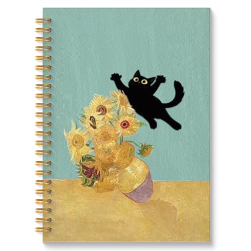 ROXMART Abstract Sunflower Black Cat Spiral Notebook, Cats Lover Gifts Journal, Black Cat Gifts for Women, Whimsical Flora...