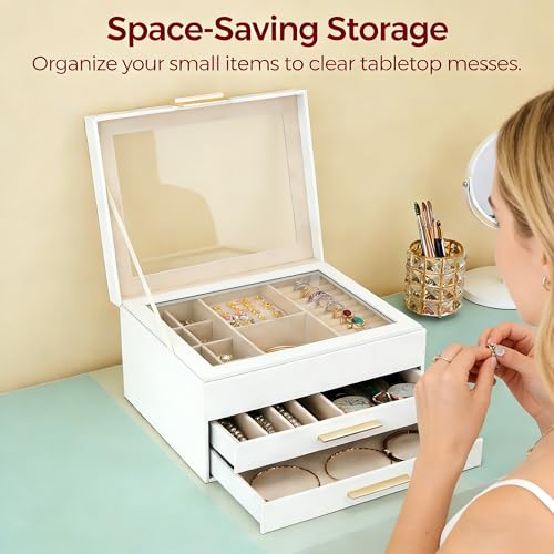 JBAOWEI Jewelry Box for Women, 3-Layer Jewelry Box, Jewelry Organizer with Clear Glass Lid and Drawers, Jewelry Organizers...