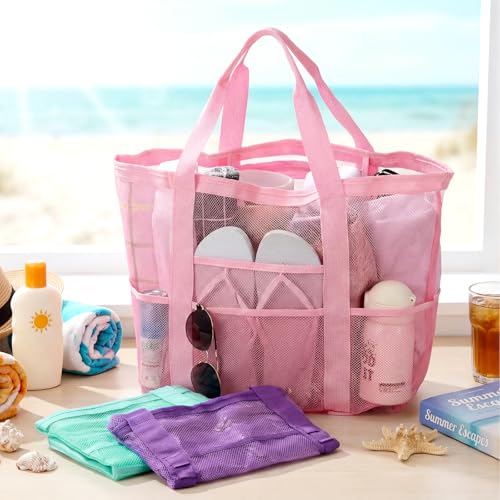 Aliceset 3 Pcs Beach Mesh Bag Large Beach Tote Bag with Zipper Waterproof Sandproof Shell Collecting Bags 3 Color Pool Fol...