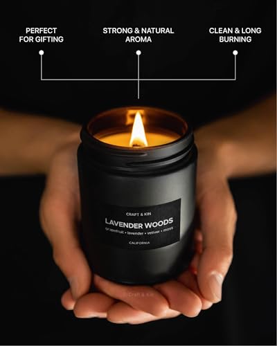 Craft & Kin Premium Lavender Woods Candle | Black Scented Candles for Men | Long Lasting with 45 Hour Burn Time, 7.6oz | S...