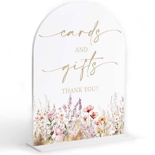 Boho Floral Wedding Cards and Gifts Sign, Wedding Reception Table Decorations, Arched Acrylic Table Sign with Base for Bri...
