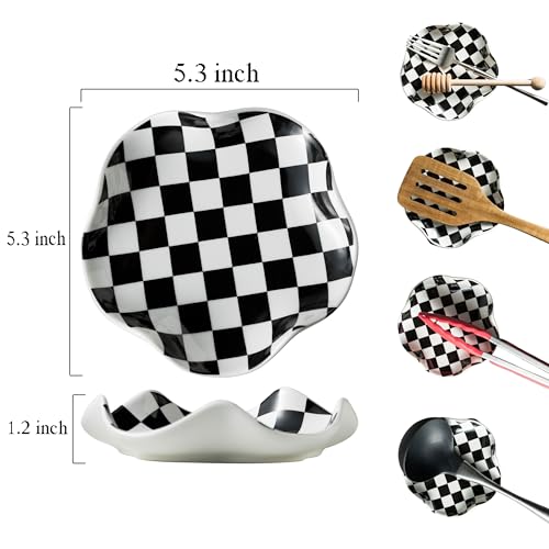 Miamolo Spoon Rest for Stove Top, 5.3in Checkered Spoon Holder Utensil Rest, Ceramic Spoon Rests for Coffee Bar, Kitchen G...