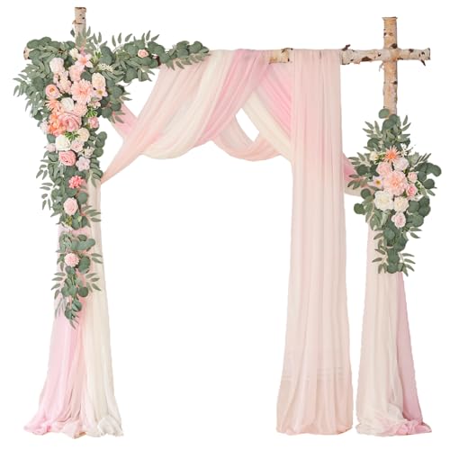 WEIERYUE Deluxe Pink Artificial Wedding Arch Flowers with Drapes Kit-Pack of 5, 2pcs Flower Arrangements 3pcs Hanging Shee...